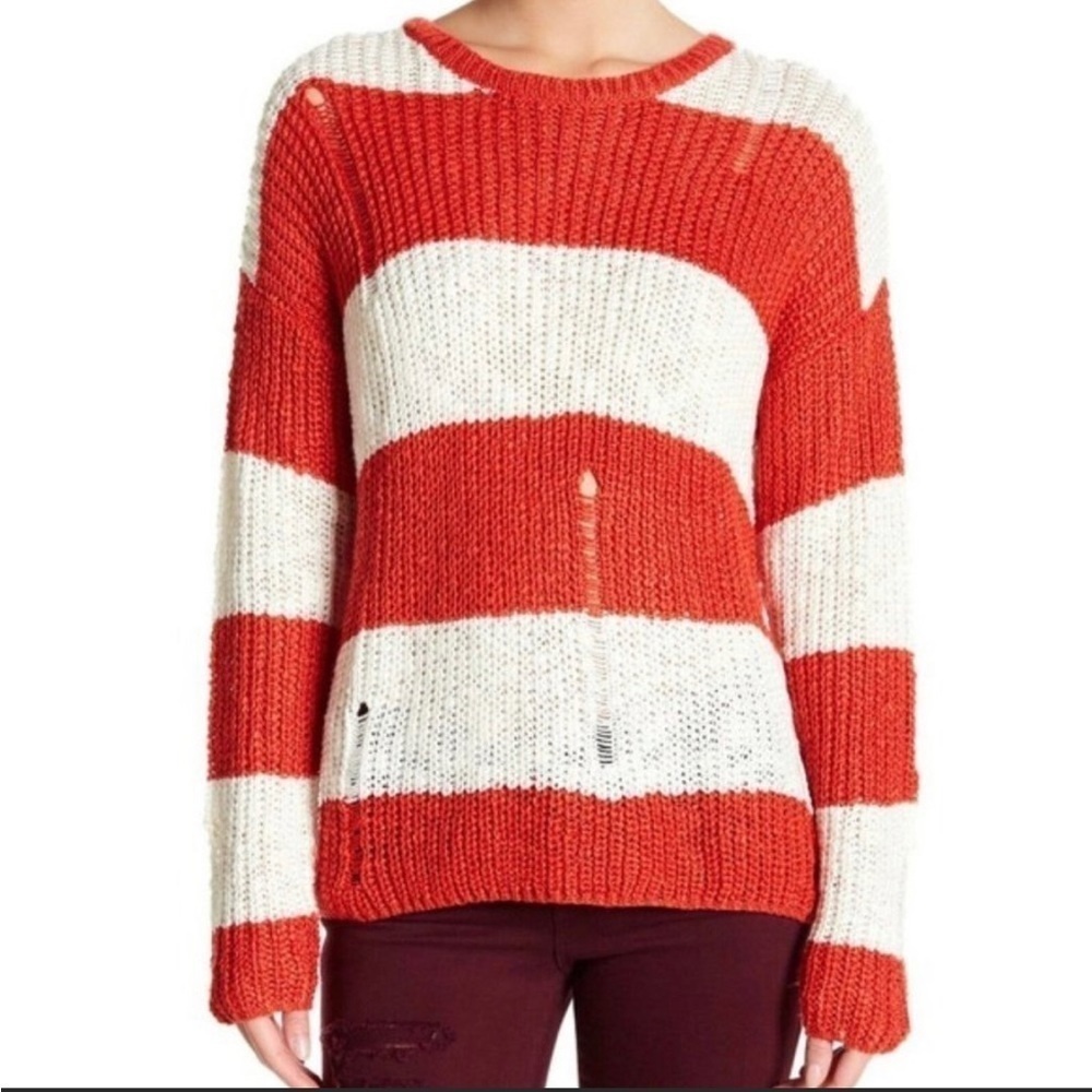 [cotton Emporium]Red/White Striped Distressed Long Sleeve Sweater Women‘s Size M